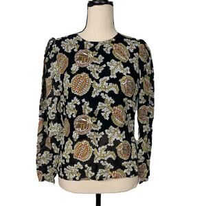 Reformation Blouse Top Black Floral Leaf Print Sheer Sleeves Size Small